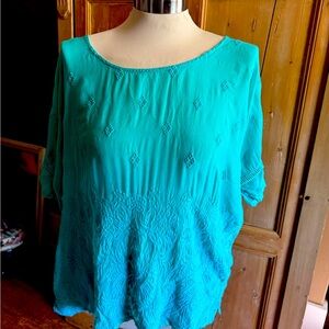 Johnny Was Teal Green Embroidered Tunic Top Size Small
